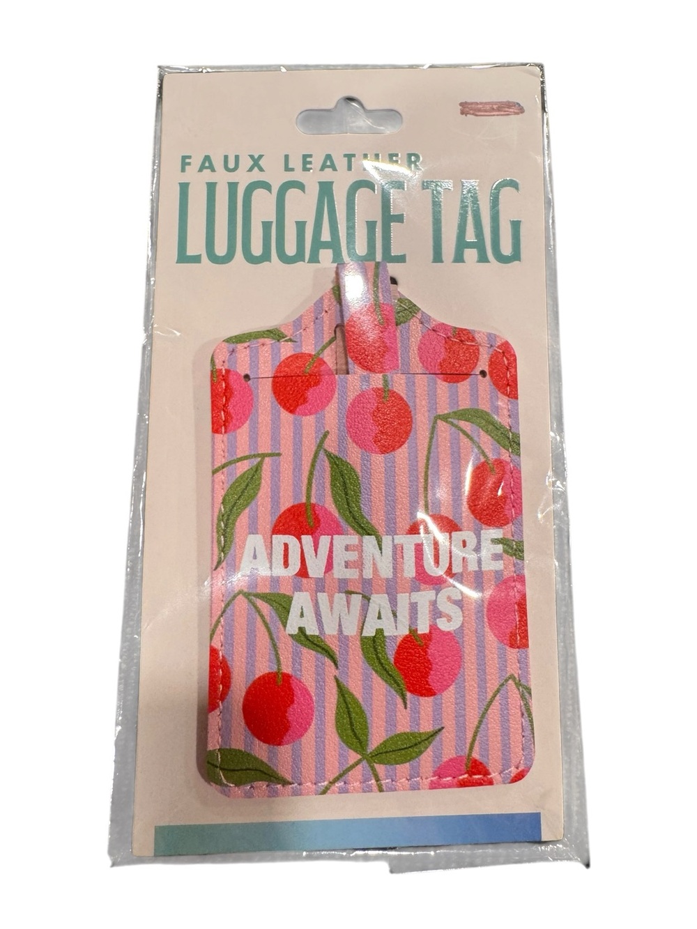 Cherry Pattern Faux Leather Luggage Tag - "Adventure Awaits"
